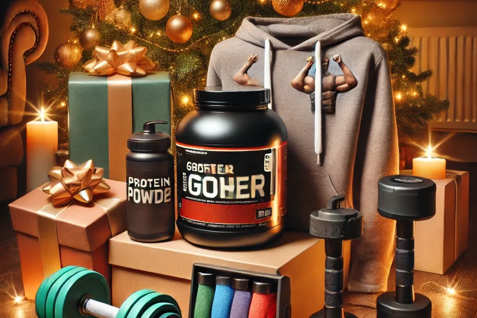 Christmas gifts boxes with proteins, dumbbell and hoodie for bodybuilders