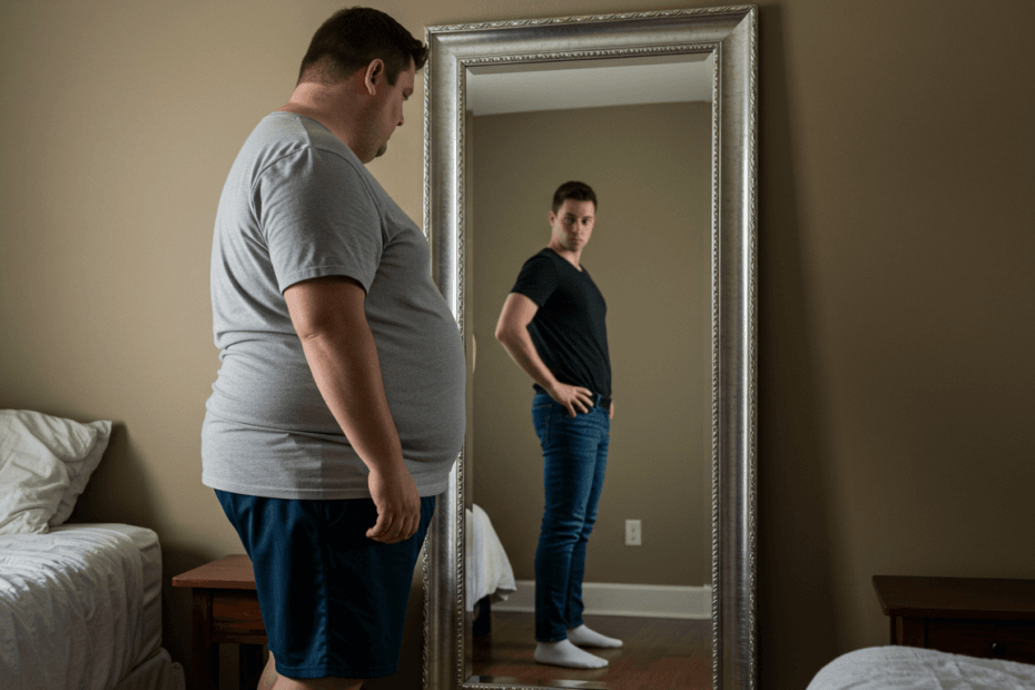 A mirror view of a obese man seeing his fitted self