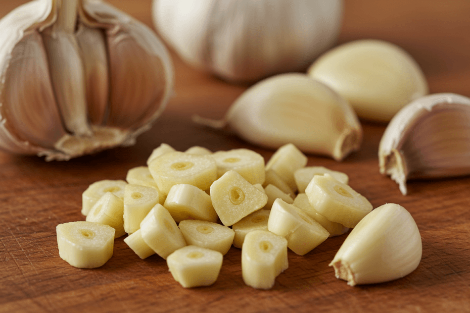 Close-up of fresh garlic cloves with one crushed to release allicin.