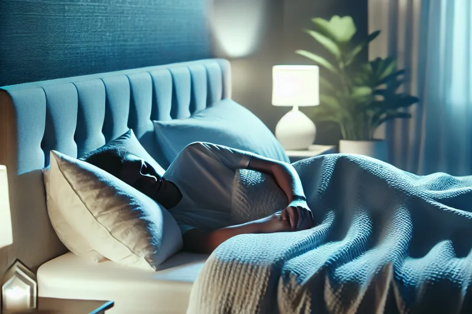 A peaceful bedroom at night with a person sleeping comfortably in a cozy bed, surrounded by soft lighting and a calming atmosphere.