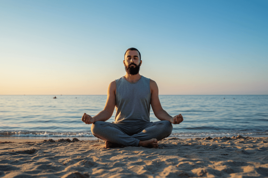 bearded man in a gray sleeveless top and sweatpants sits cross-legged on a sandy beach, meditating with his eyes closed as the sun sets over the calm ocean.