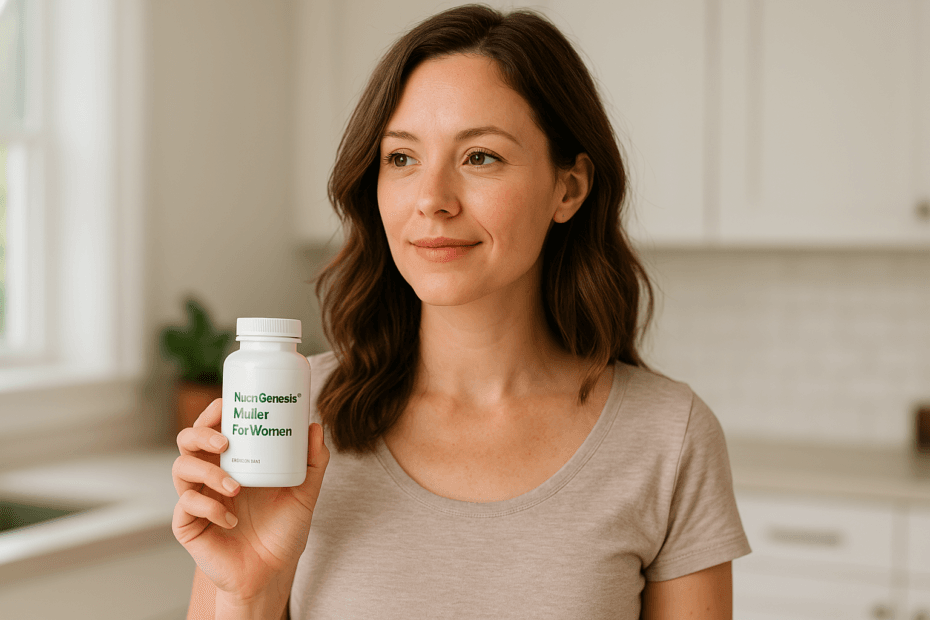 Smiling woman in her 30s holding a NutriGenesis Multi For Women supplement bottle in a modern kitchen