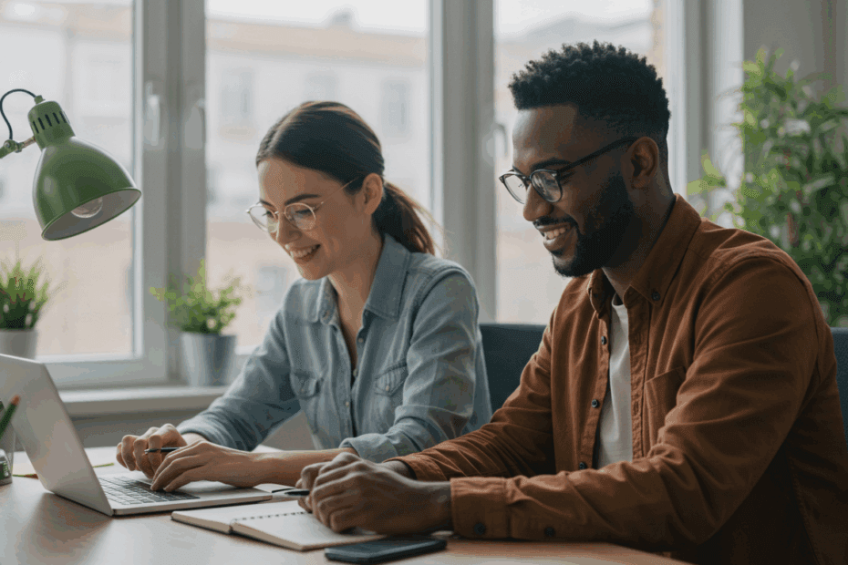 Man and woman working together at a modern desk, energized and focused, representing brain and body productivity.