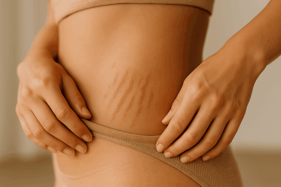 A close-up of natural stretch marks on a woman’s torso — ideal for blogs on how to treat stretch mark fast and real skin care.