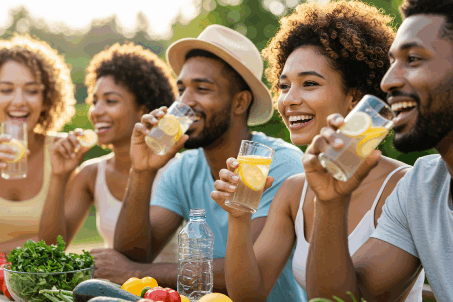 A diverse group of joyful adults enjoying healthy habits like drinking lemon water and eating colorful vegetables outdoors, radiating youthful energy and showing how to look younger naturally through lifestyle choices.