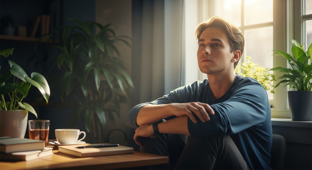 Young adult sitting peacefully by a sunlit window with a journal and tea, symbolizing recovery from stress and depression.
overcoming stress and depression practical tips