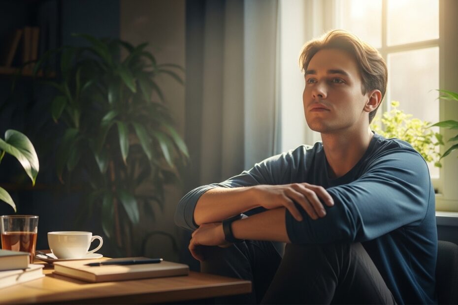 Young adult sitting peacefully by a sunlit window with a journal and tea, symbolizing recovery from stress and depression.
