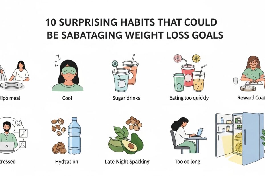 Illustration of common weight loss habits that sabotage progress including poor diet, stress, and unhealthy routines